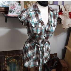 Womens Plaid blouse blue browns green white tie waist cap sleeves Med